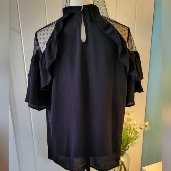 Dobby Mesh Dot Shoulder Ruffle Frill Trim Top Size 14 - Picture 5 of 12